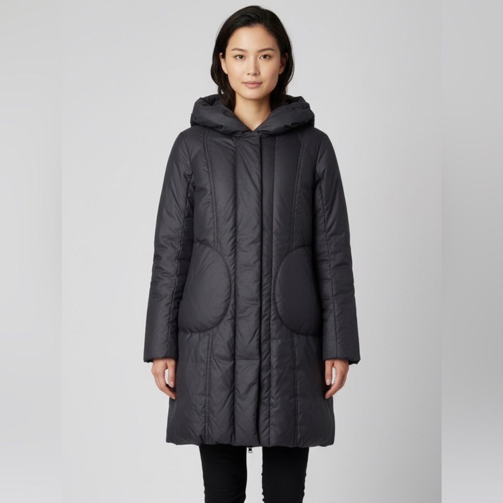 Steve by Searle Women's Dark Gray Hooded Down Puffer Coat Long Quilted Winter